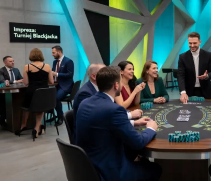 Strefa stołowa blackjack podczas eventu Zagrolavista z gośćmi i prowadzącym